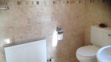 A bathroom with a toilet, a sink, and a radiator.