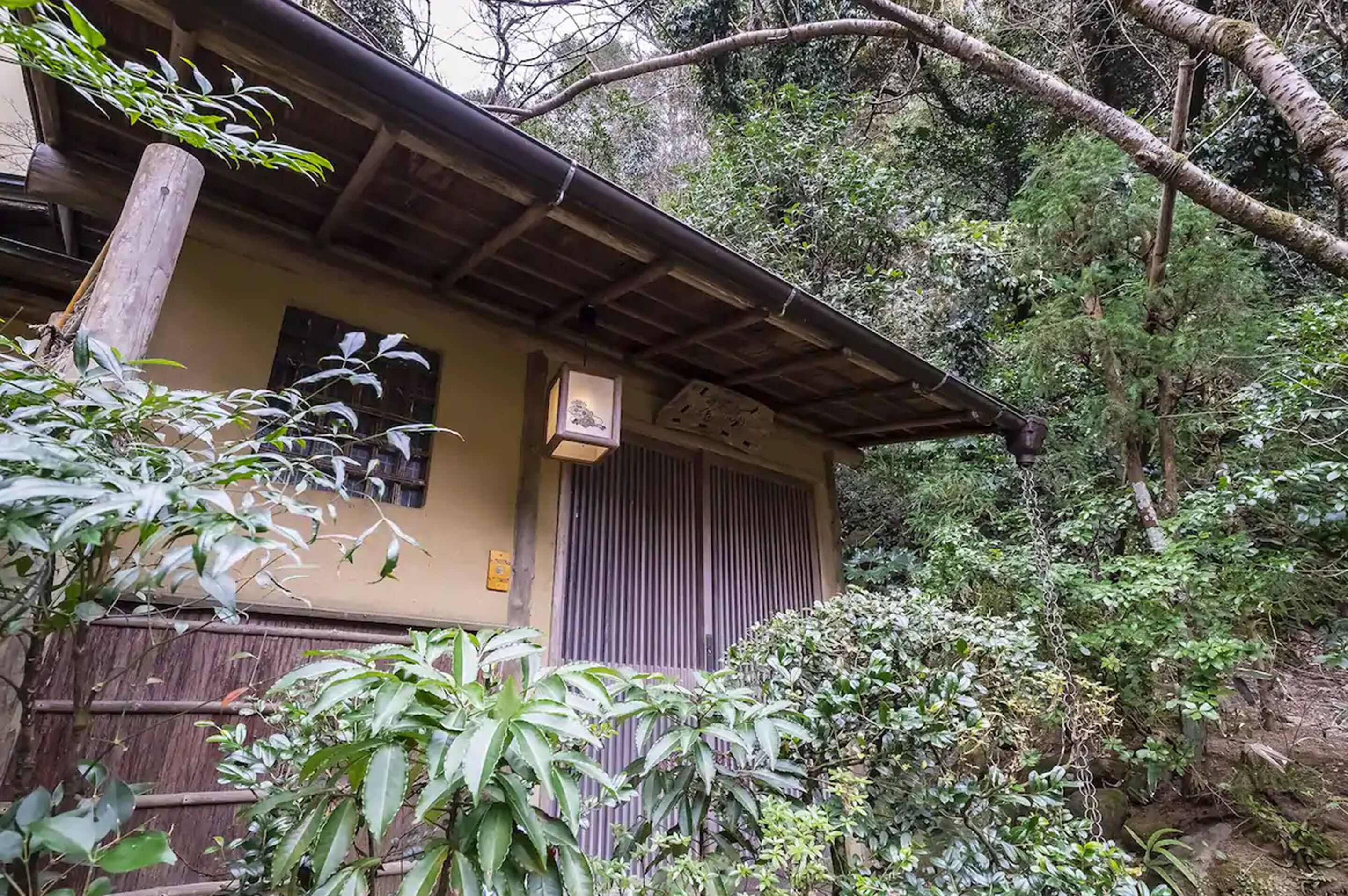 Un edificio rústico con techo de madera y una puerta con contraventanas, rodeado de abundante vegetación.