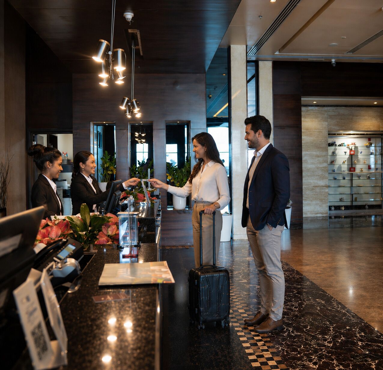 A hotel reception area with a check-in counter, a man with a suitcase, and a woman behind the counter.