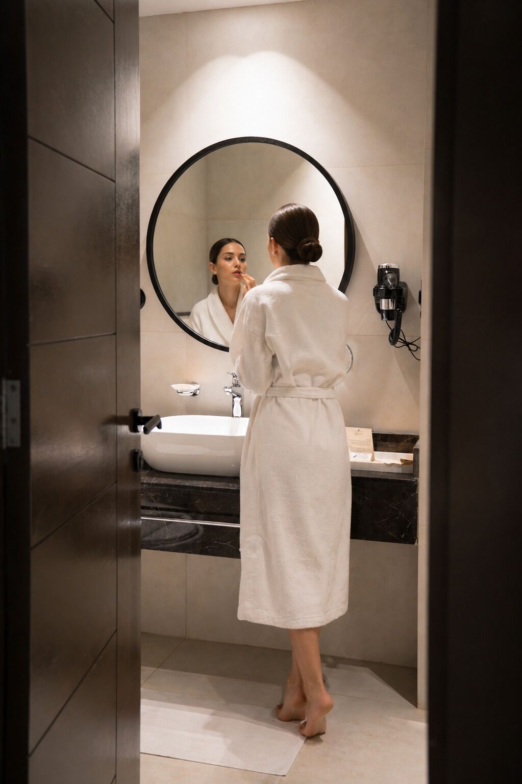 A person in a white bathrobe standing in front of a bathroom sink with a round mirror, a telephone, and a marble countertop.
