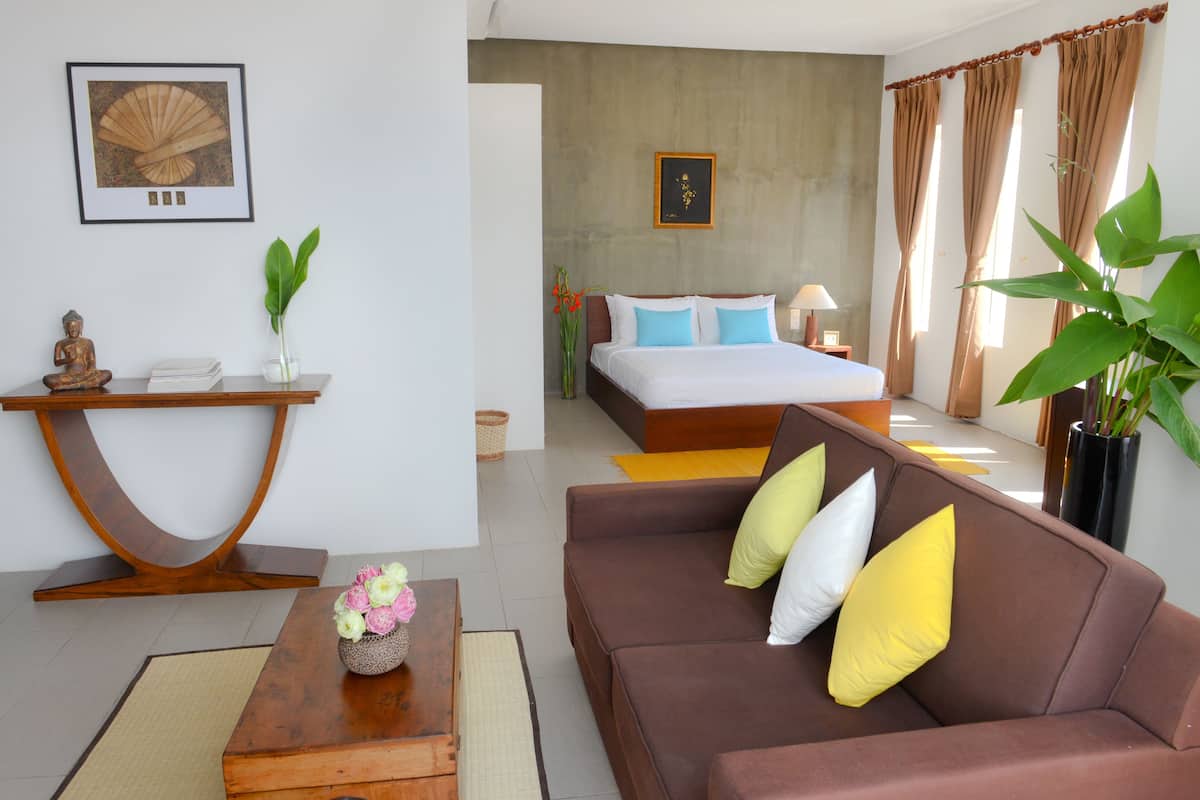 Una habitación de hotel moderna con una cama, un sofá, una mesita consola y una planta grande.