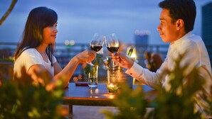 A couple toasting with wine glasses at a table with a candle and a small plant.
