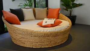 A round woven wicker sofa with a cushion, placed in a room with a large potted plant and a window with a view of greenery.
