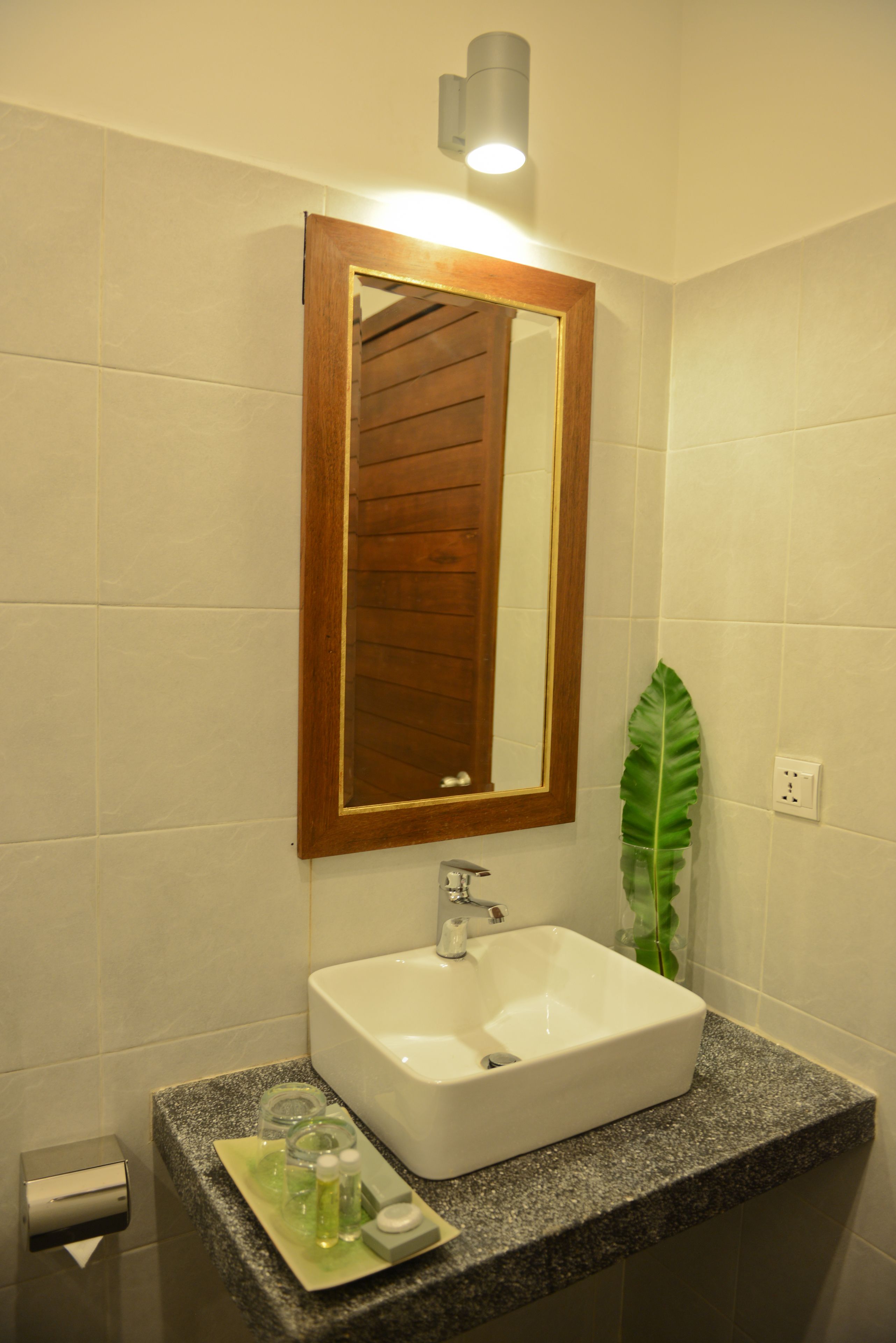 Een badkamer met een witte wasbak, een spiegel met houten frame, een groene plant en een zeepdispenser op het aanrecht.