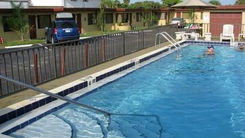 Outdoor pool, pool umbrellas, pool loungers