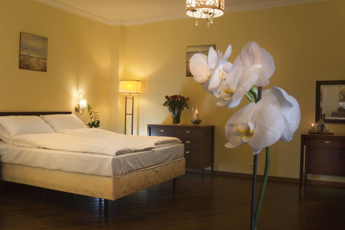 Une chambre d’hôtel comprenant un lit, des lampes de chevet, une table de nuit, une commode, un miroir et une grande plante d’orchidée.