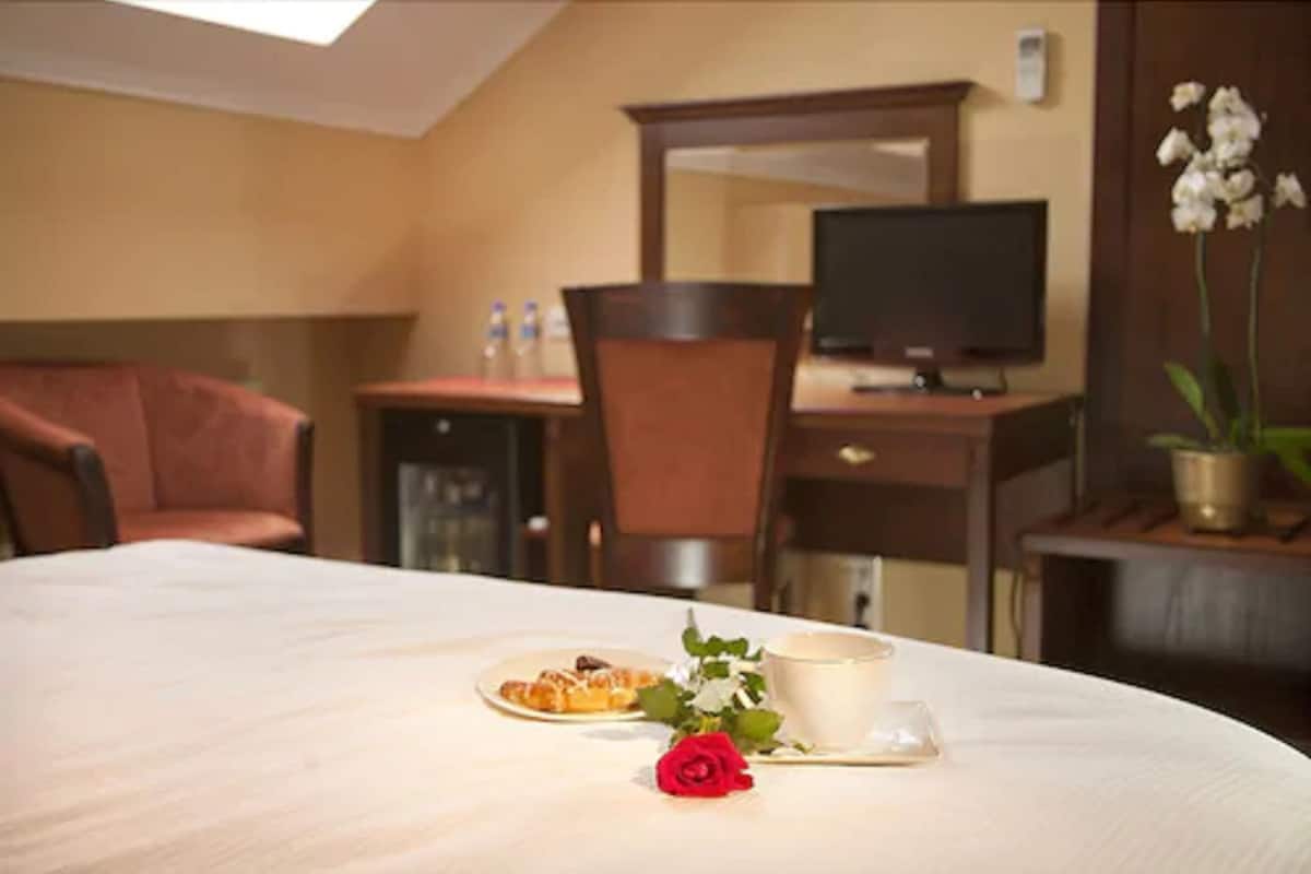 Une chambre d’hôtel avec une table à manger dressée, sur laquelle se trouvent une assiette de nourriture, une tasse et une rose. On aperçoit une télévision posée sur un meuble et une chaise au fond de la pièce.