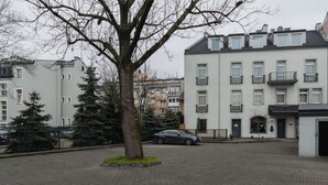 A residential area with a paved courtyard, a tree, and multi-story buildings with balconies.