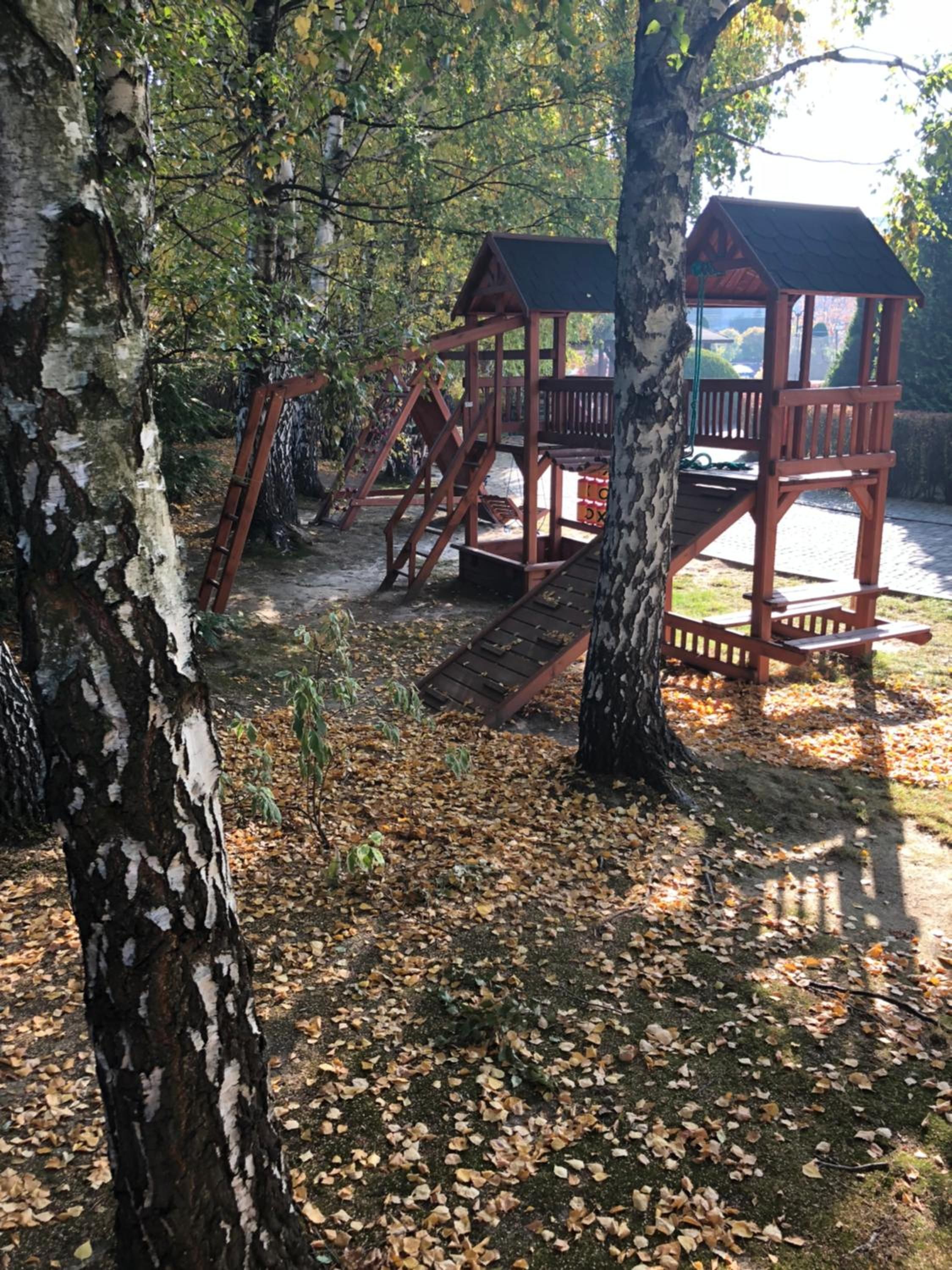 Une structure de jeux en bois située dans une zone boisée, avec des arbres et un ciel dégagé.