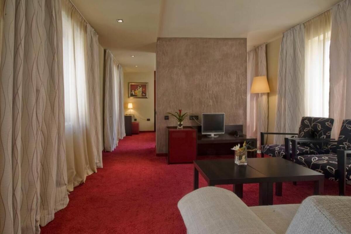 Une chambre d’hôtel avec un tapis rouge, une télévision, une petite table avec un vase, un canapé et un fauteuil.