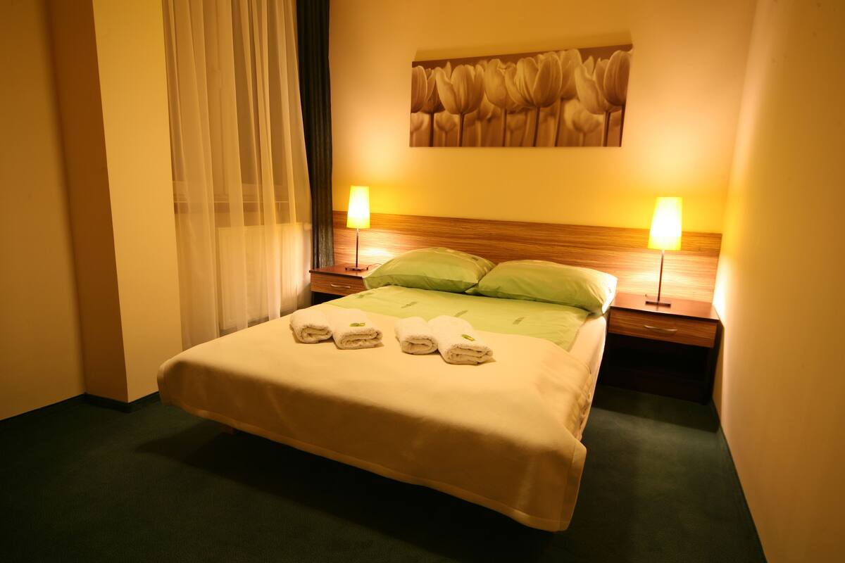 Une chambre d’hôtel avec un lit, deux lampes de chevet, un oreiller vert, une tête de lit ornée d’une peinture florale et une fenêtre avec des rideaux légers.