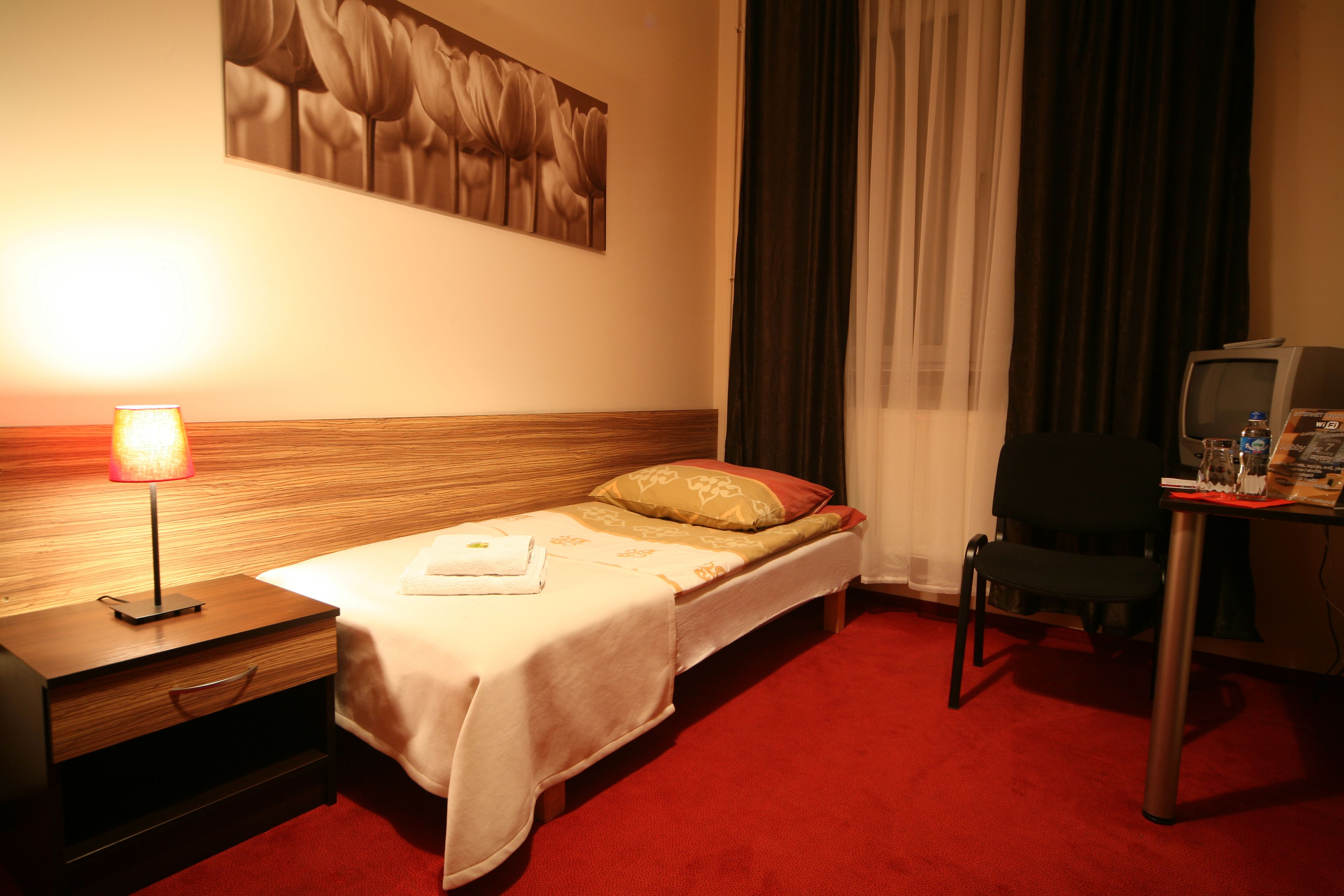 A hotel room with a single bed, a nightstand with a lamp, a desk with a television, and a painting on the wall.