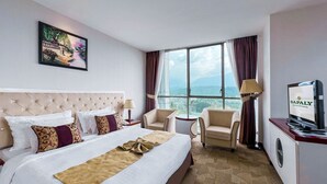 A hotel room with a large bed, two armchairs, a TV, and a city view.