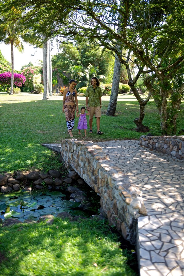 Un puente de piedra sobre un arroyo, con abundante vegetación y árboles al fondo.