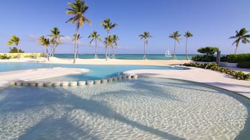 Outdoor pool, pool umbrellas, pool loungers