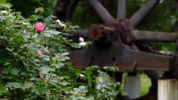 A garden with a large metal wheel structure and blooming pink flowers.