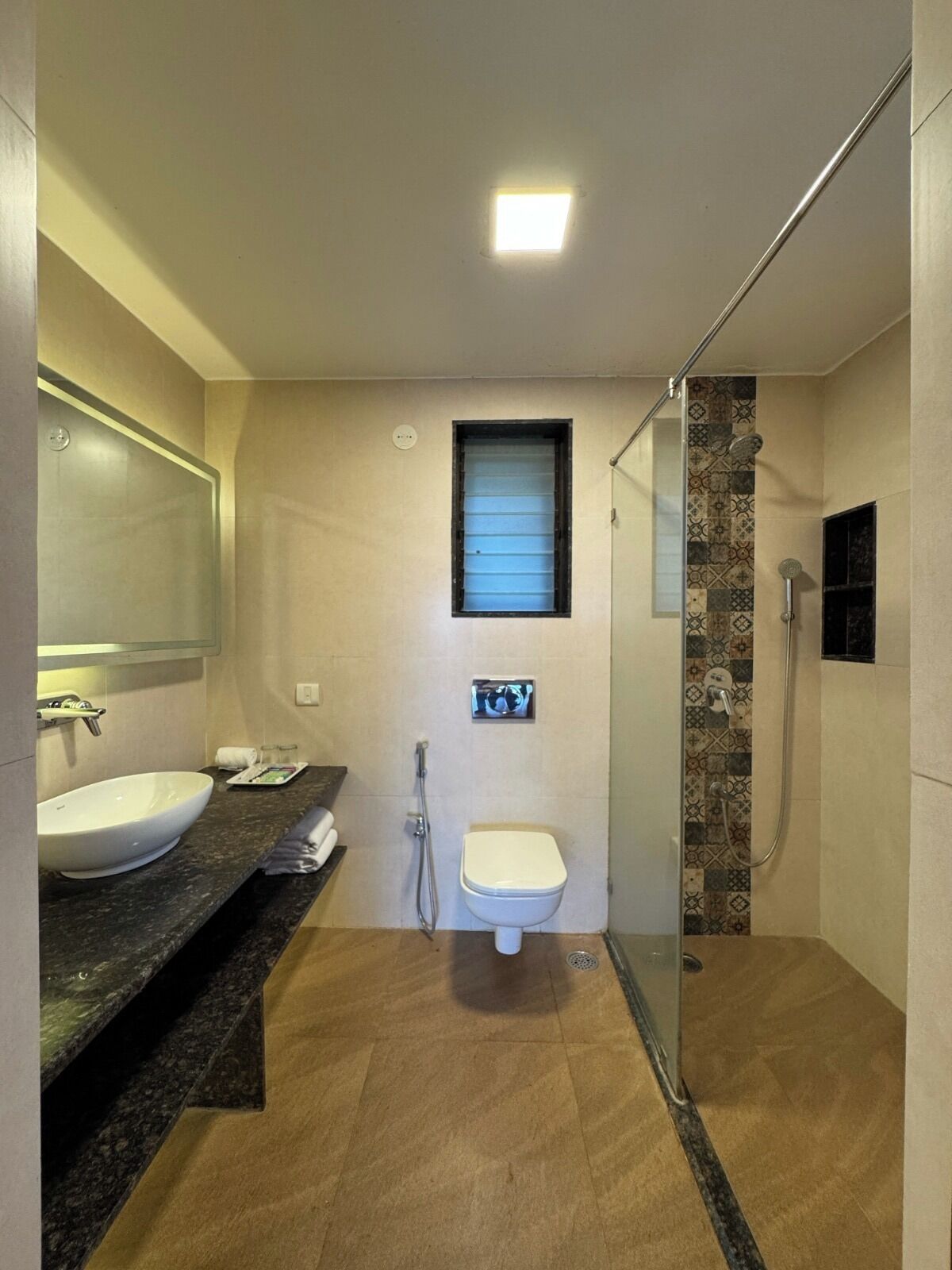 Une salle de bain avec un grand lavabo, des toilettes et un espace douche.