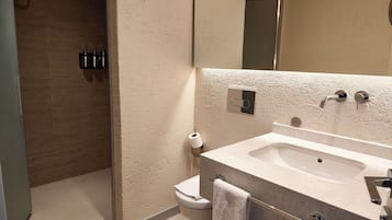 Un baño moderno con ducha, inodoro y lavamanos.