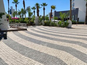 Una plaza pavimentada con palmeras y un edificio moderno al fondo.