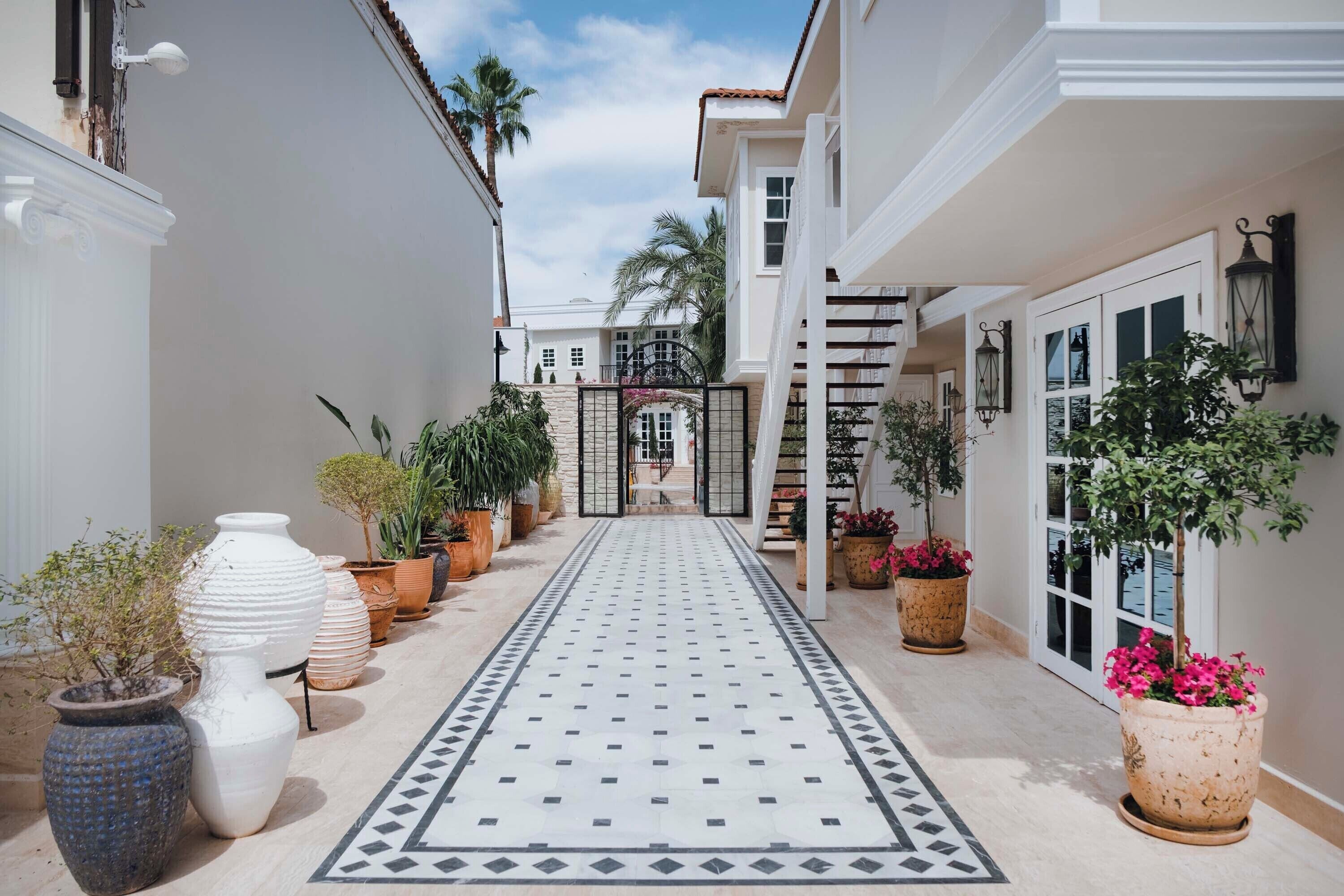 A narrow pathway flanked by potted plants and a tiled floor leading to a gated entrance.