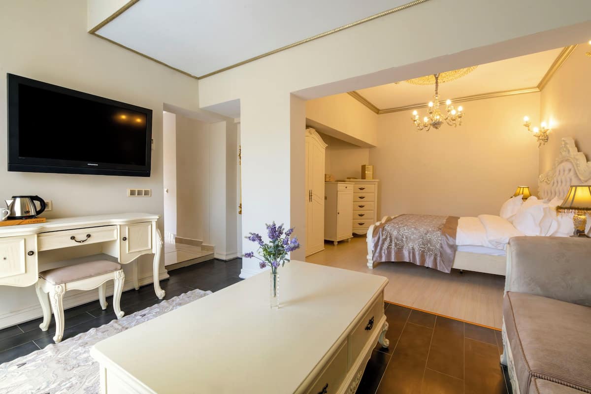 Une chambre d’hôtel équipée d’un téléviseur à écran plat, d’un bureau avec une chaise, d’un lit à baldaquin, d’un canapé et d’un lustre.