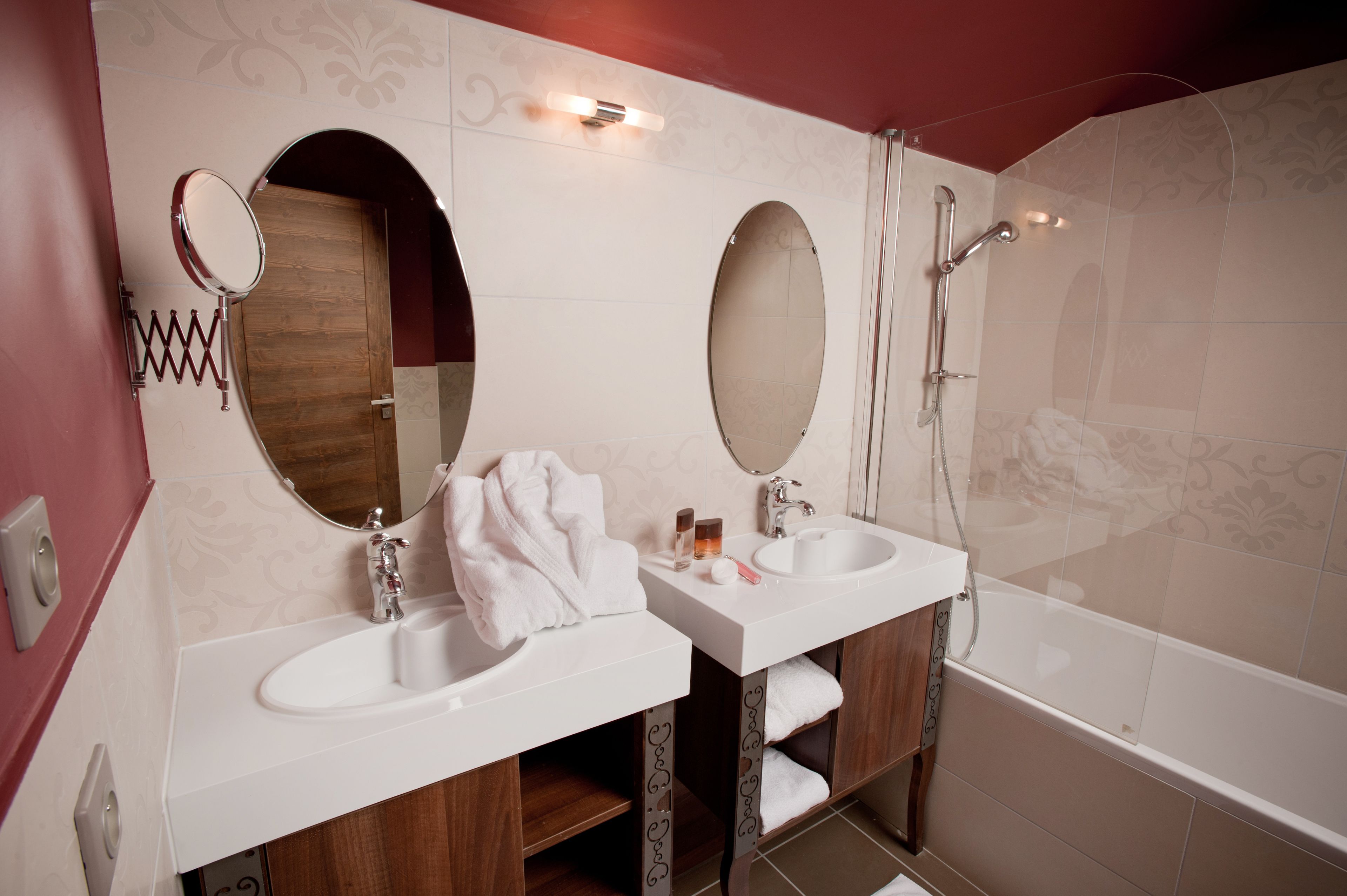 hair dryer, bathrobes, slippers, towels