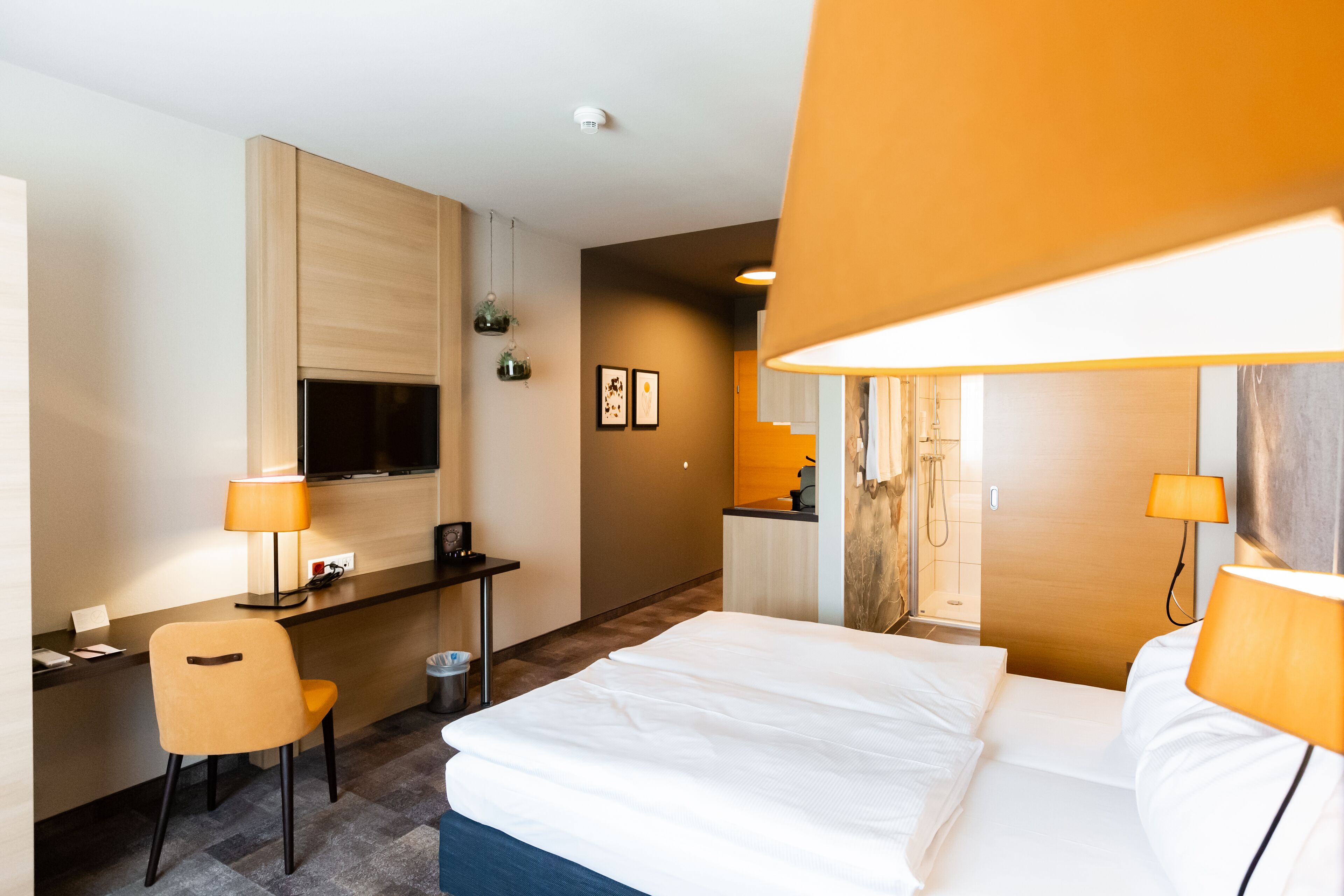 Habitación de hotel con cama, escritorio con silla, televisión y zona de ducha.