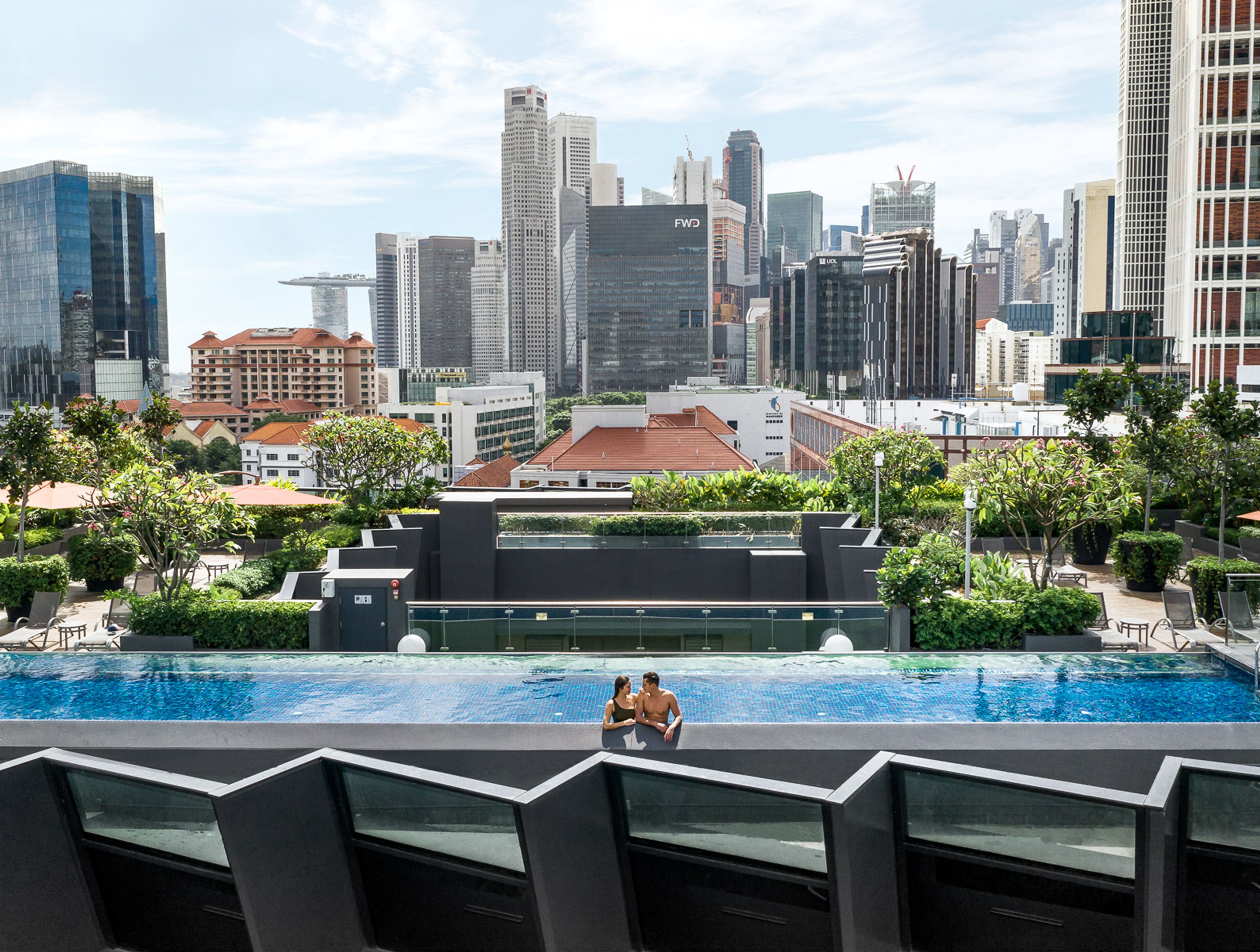 Una piscina en la azotea con vistas al horizonte urbano, rodeada de vegetación y arquitectura moderna.