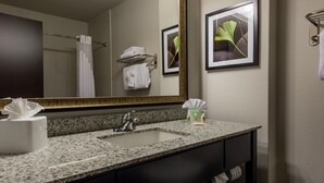 A bathroom with a granite countertop, a sink, a mirror, and framed pictures on the wall. - Holiday Inn Austin Airport by IHG (Austin)