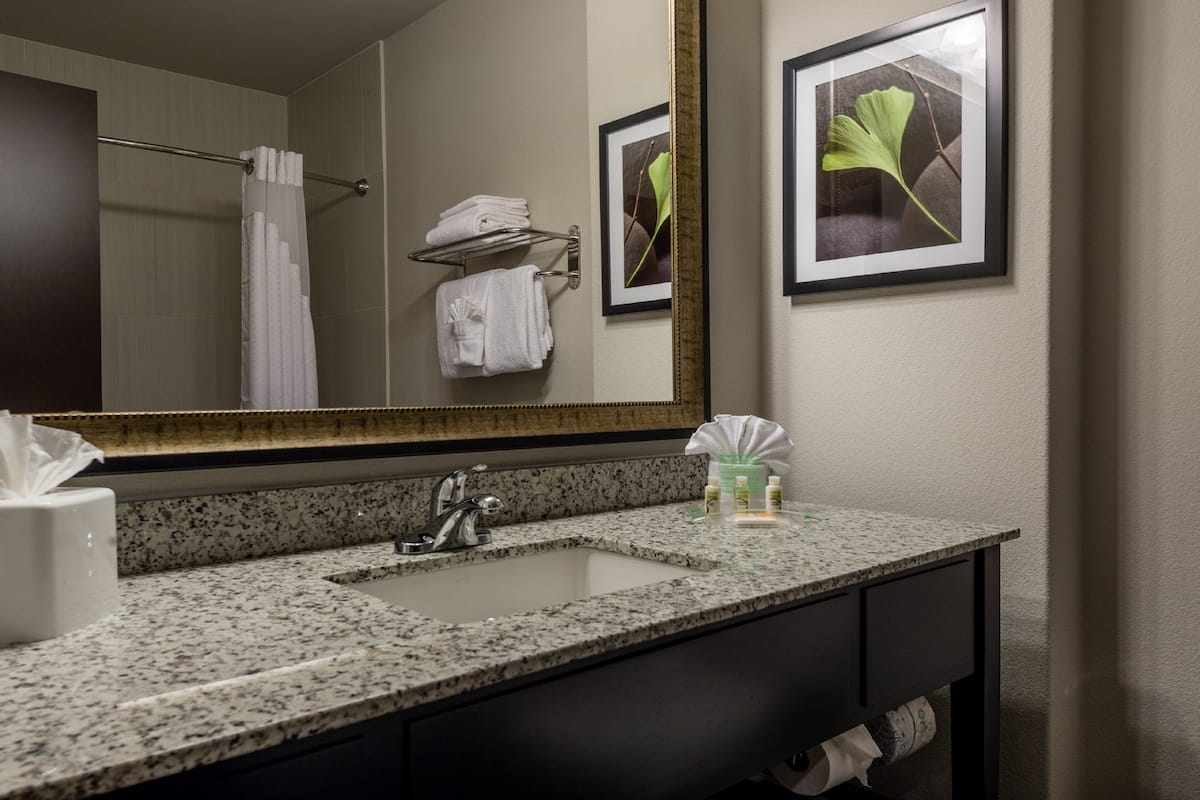 combined shower/bathtub, hair dryer, towels