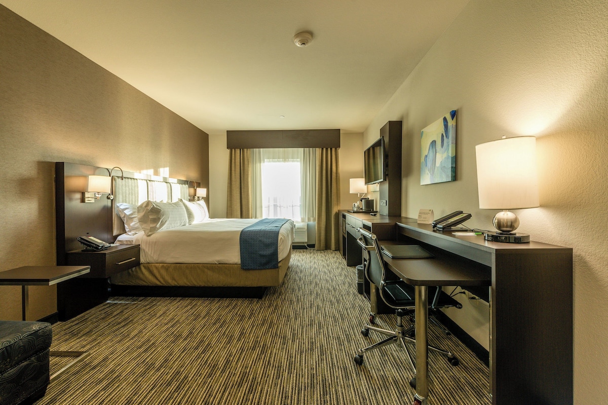 A hotel room with a bed, desk, chair, and a television.