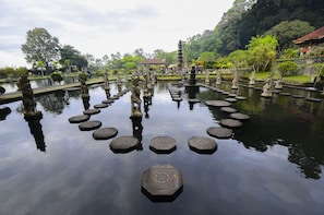 A serene water garden with stone steps and statues, surrounded by lush greenery and traditional architecture. - Tirta Ayu Hotel & Restaurant (Karangasem)