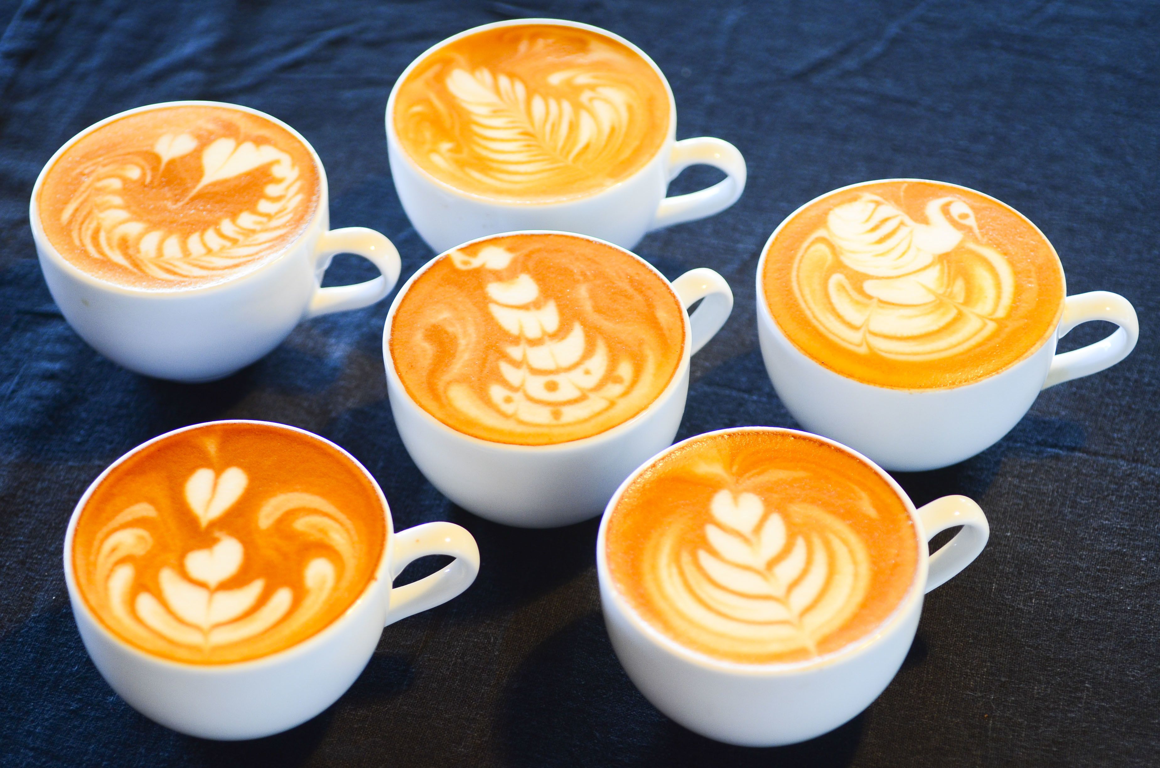 Seis tazas de café con blanco latte sobre una superficie oscura.