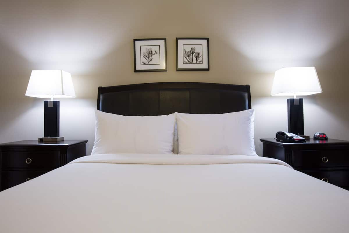 A neatly made bed with white linens, flanked by two bedside tables with lamps, each table holding a phone and a mouse. Two framed botanical prints adorn the wall above the bed.