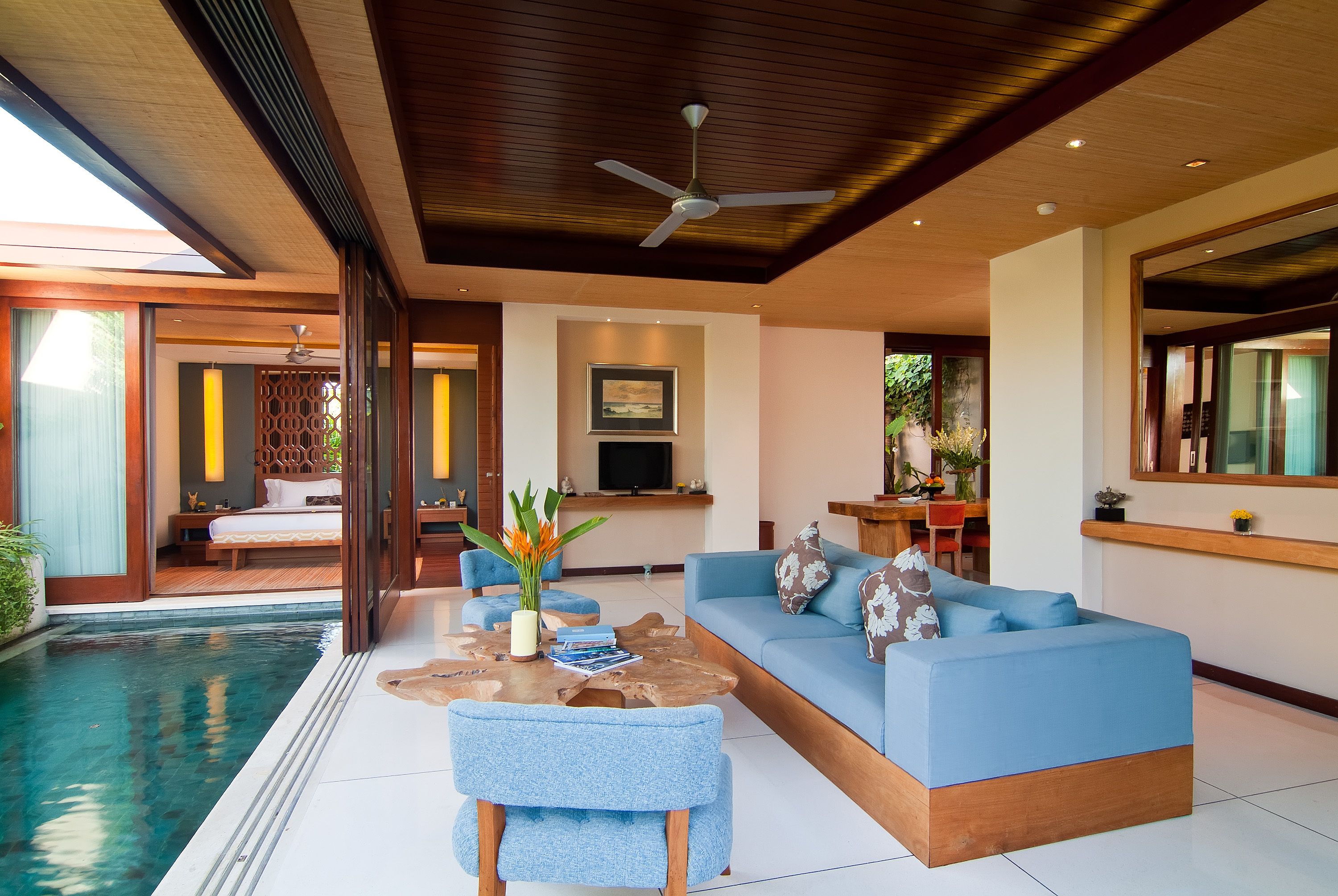 deluxe villa, 2 bedrooms, private pool | living area | 32-inch led tv with satellite channels, tv, dvd player