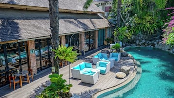 Breakfast, lunch, dinner served; international cuisine, pool views