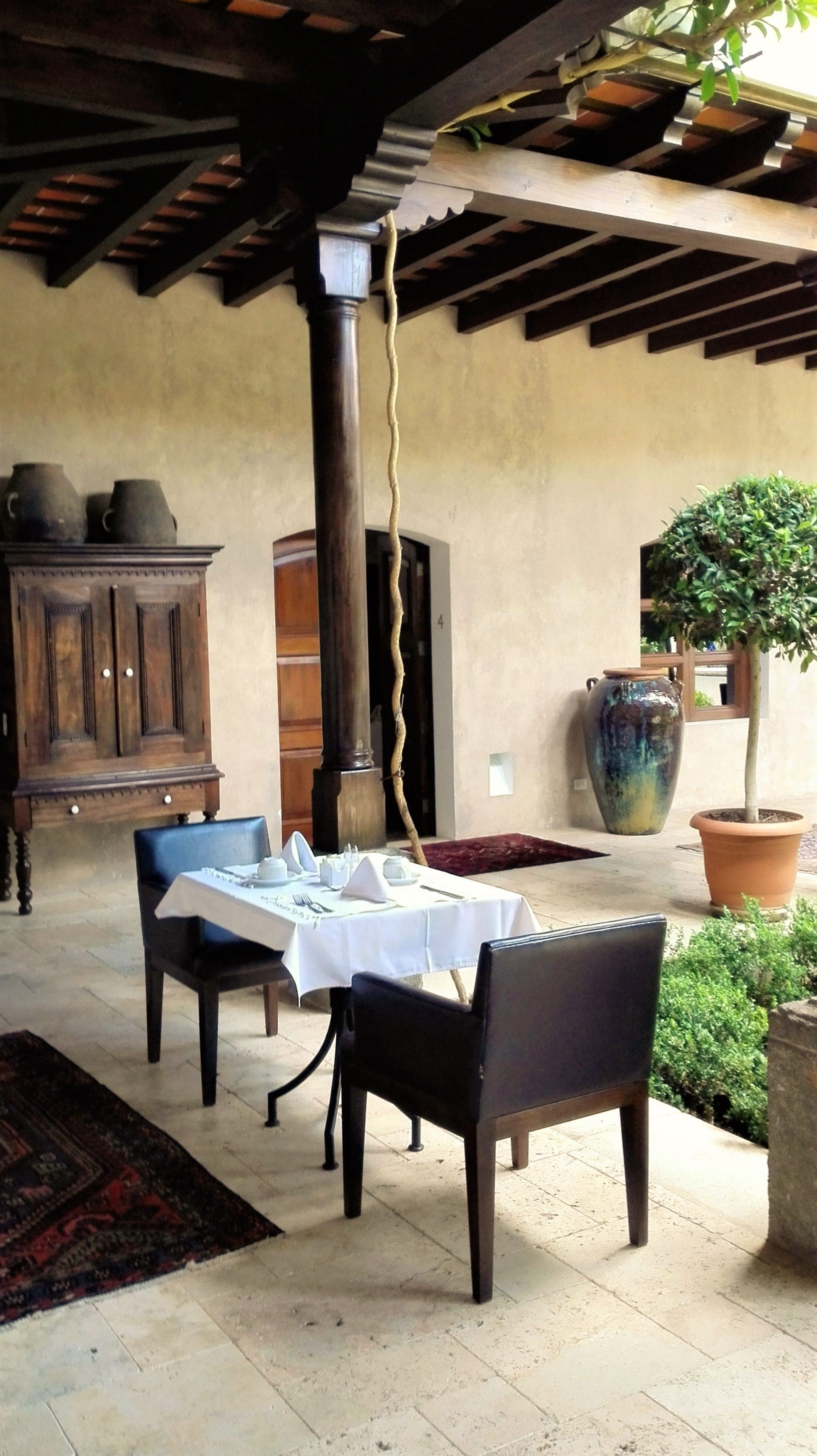 An outdoor patio with a table set for dining, surrounded by chairs, a wooden cabinet, and a large potted plant.