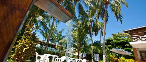 A swimming pool with white chairs and a palm tree in the background.