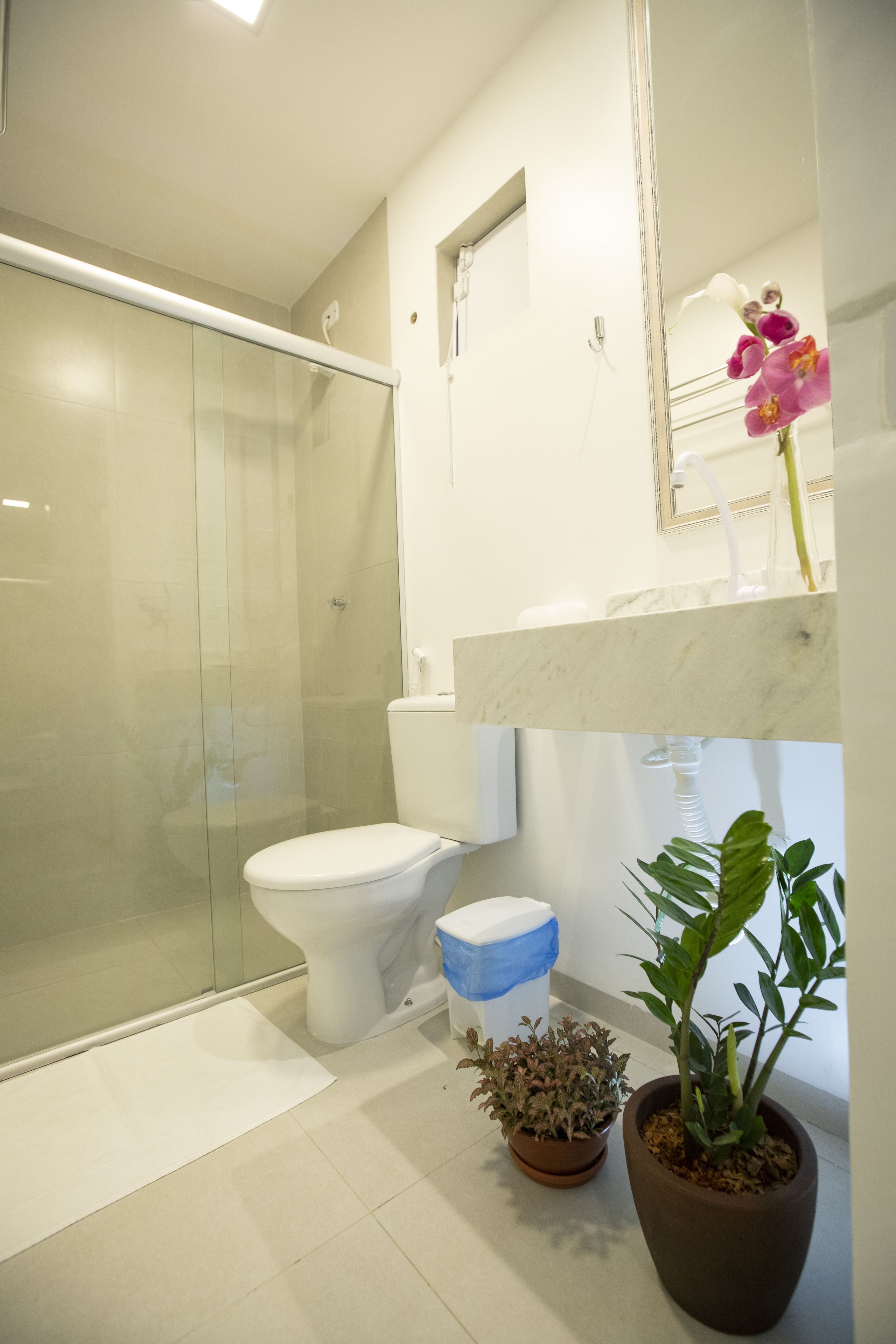 A bathroom with a glass shower enclosure, a toilet, a sink with a marble countertop, and two potted plants.