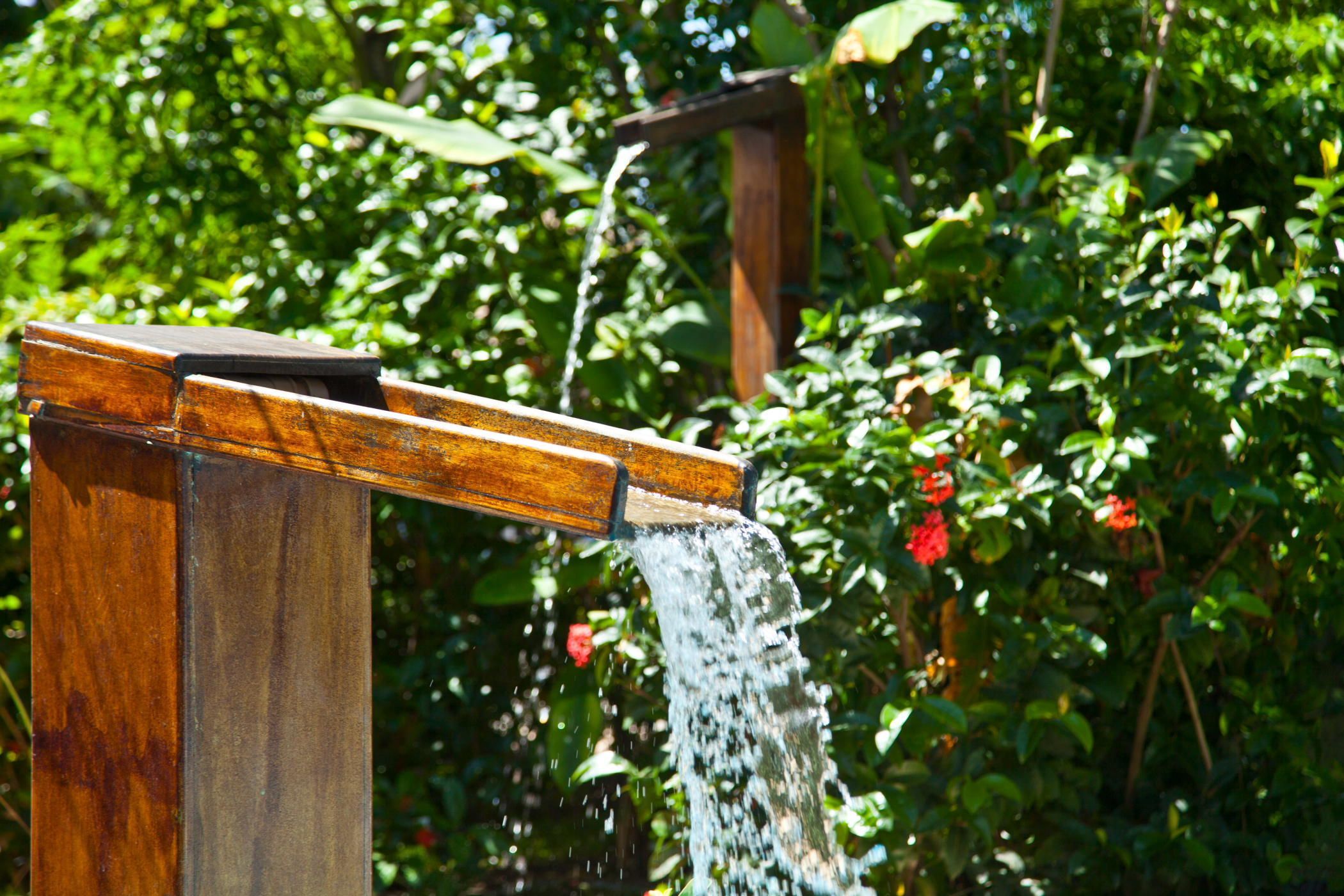 A wooden water feature with water flowing over it, surrounded by lush greenery and red flowers.