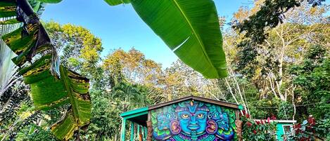 A colorful mural on a building, surrounded by lush greenery and a stone pathway.