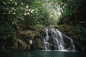 A waterfall in a forested area with a person standing at the base.