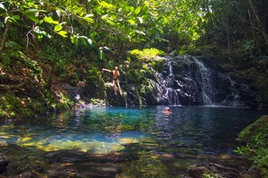 A natural pool with clear water and a waterfall.