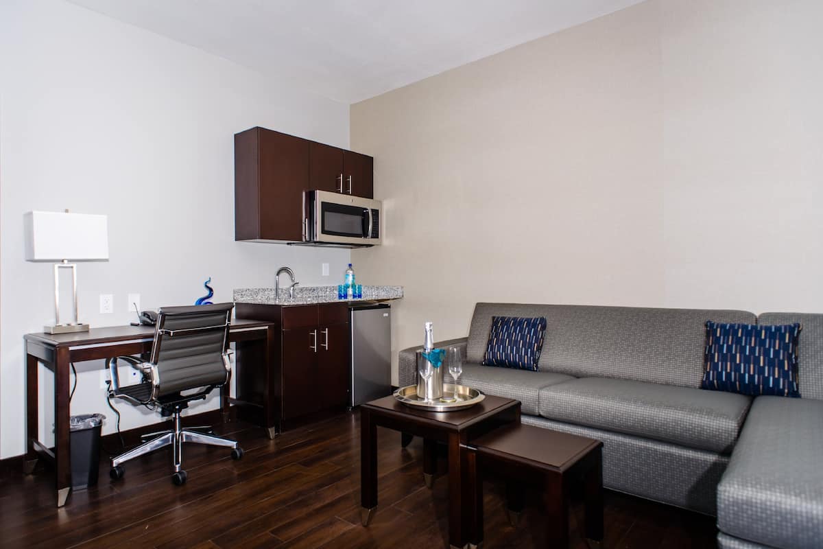 Un espacio habitable compacto con kitchenette, un sofá gris, un escritorio de madera y una silla moderna.