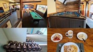 A pool table, a hot tub, and a dining area with food and drinks.