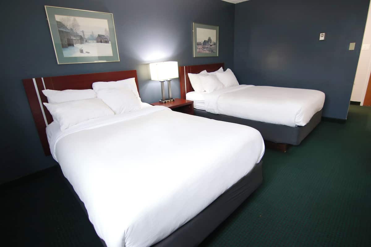 A hotel room with two beds, a nightstand with a lamp, and framed pictures on the wall.