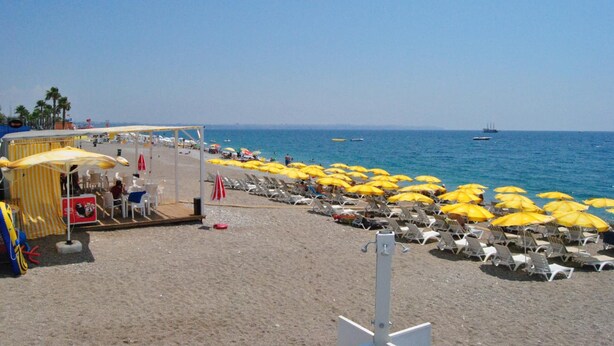 Una playa con hileras de sombrillas amarillas y sillas de playa blancas.