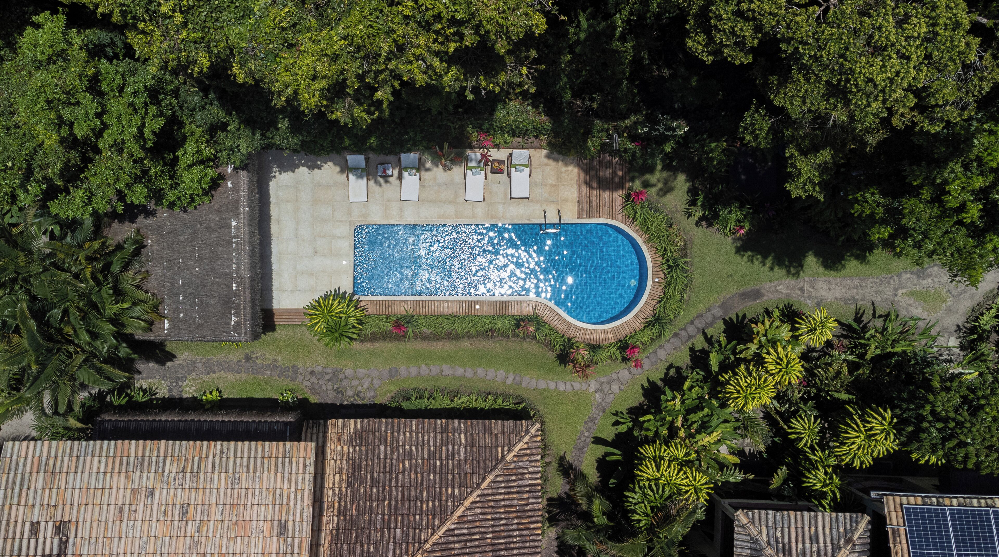 An aerial view of a residential area with a swimming pool, a covered patio with lounge chairs, and surrounding greenery.
