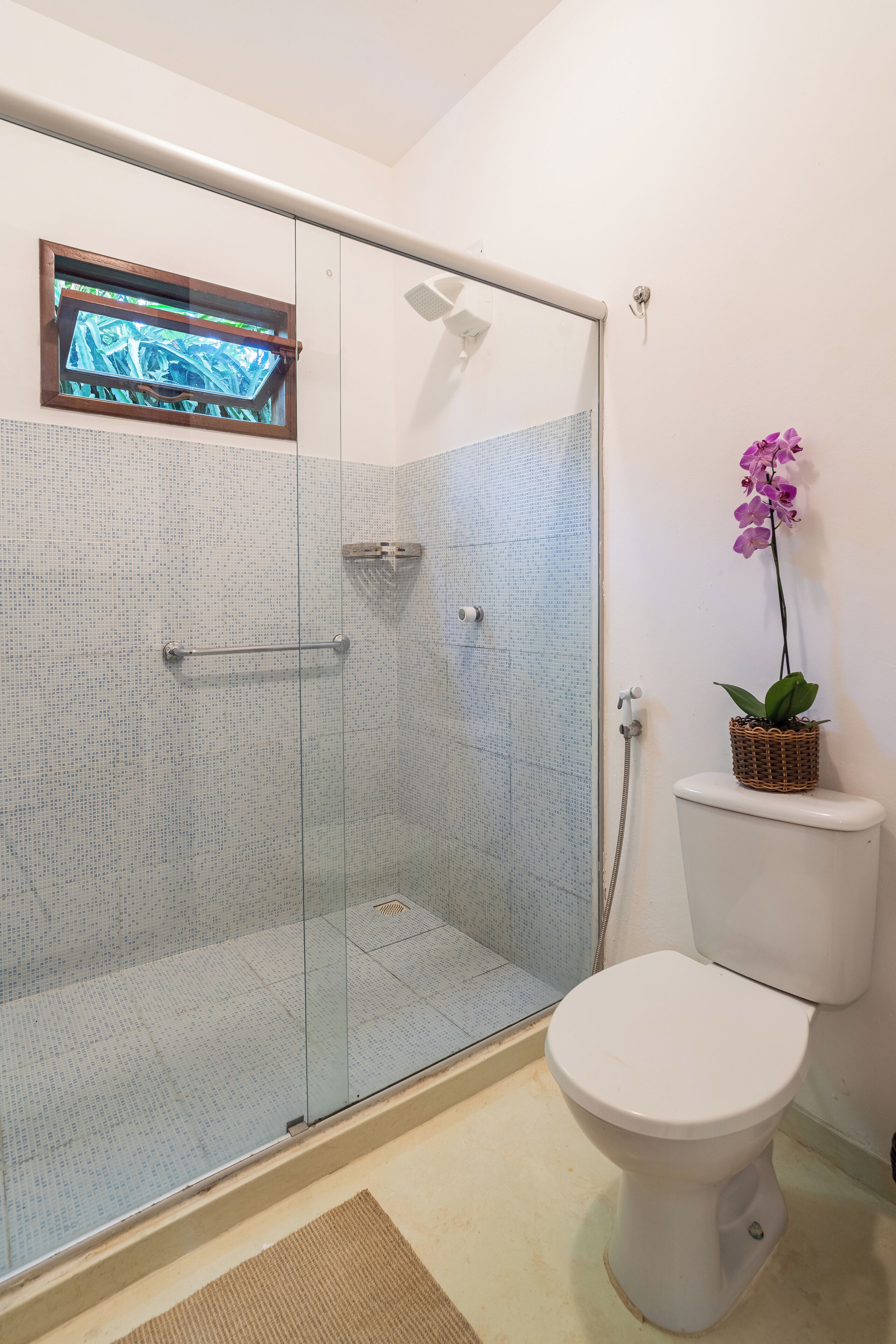 Ein Badezimmer mit Duschkabine aus Glas, Toilette und einer Topf-Orchidee.