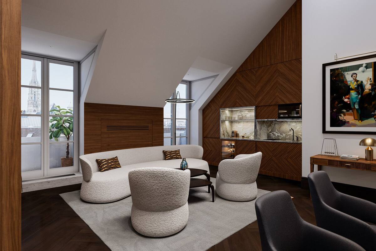 A modern loft-style living room with a high ceiling, large windows, a built-in kitchen, and a cozy seating area.